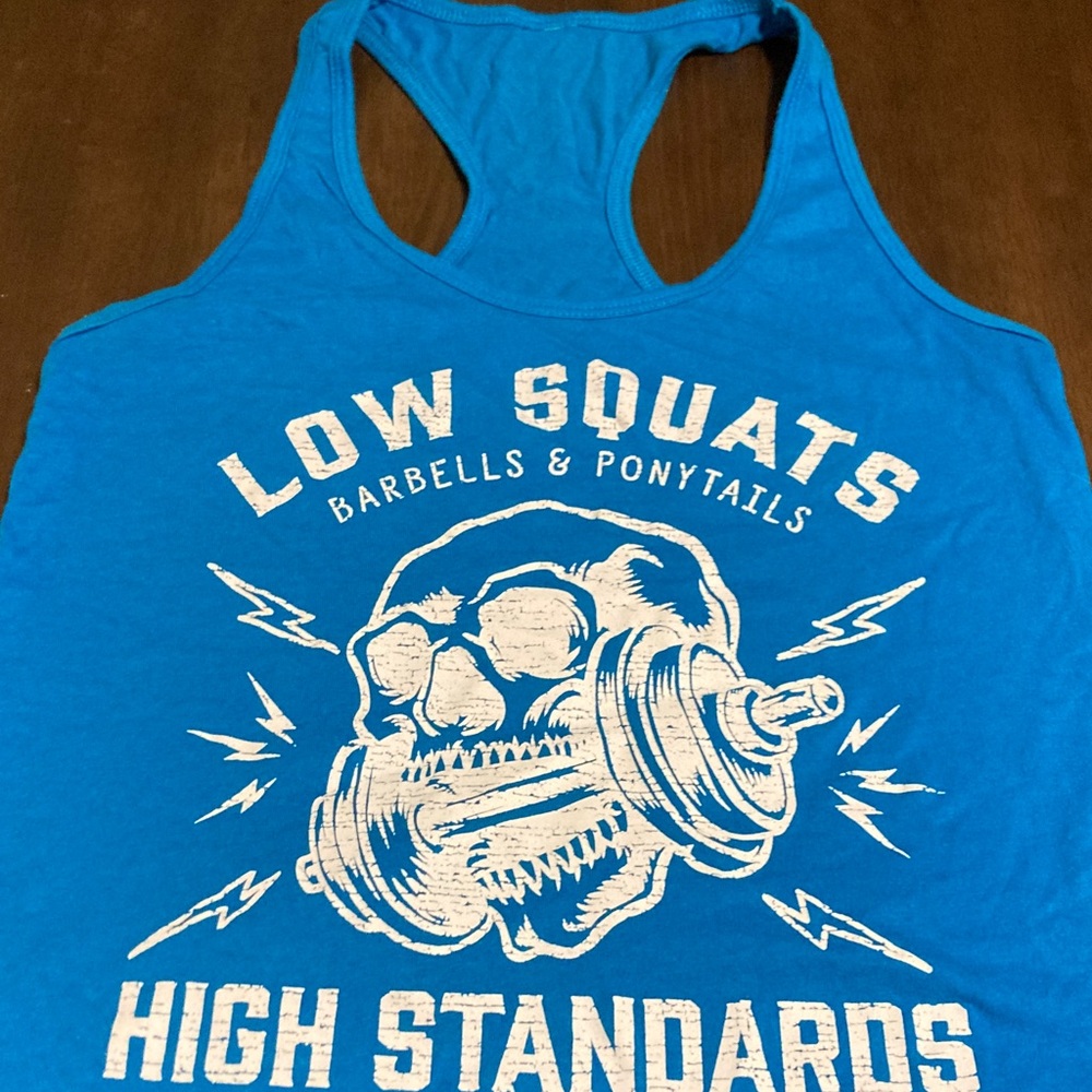 Low Squats Graphic Blue Tank Top